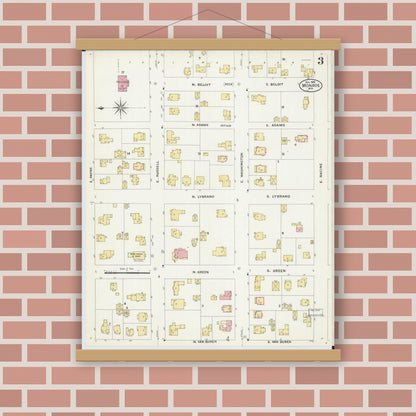 Old map wall art mockup — magnetic wood frame on brick wall — Sanborn Fire Insurance Map from Monroe, Green County, Wisconsin (1908), Sheet #0003