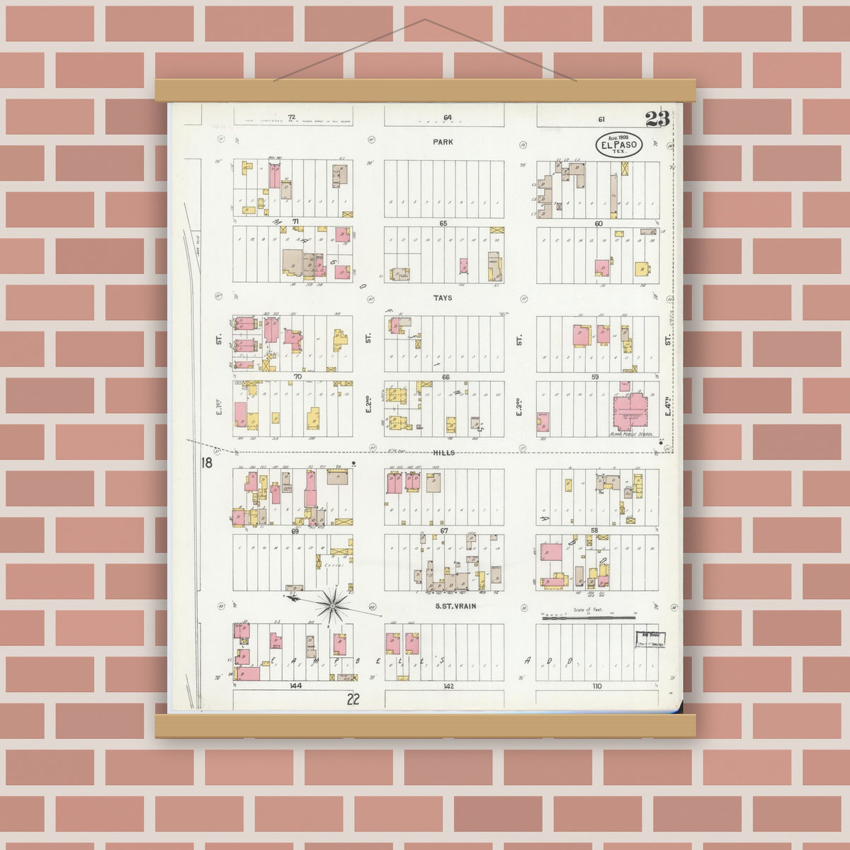 Old map wall art mockup — magnetic wood frame on brick wall — Sanborn Fire Insurance Map from El Paso, El Paso County, Texas (1900), Sheet #0023