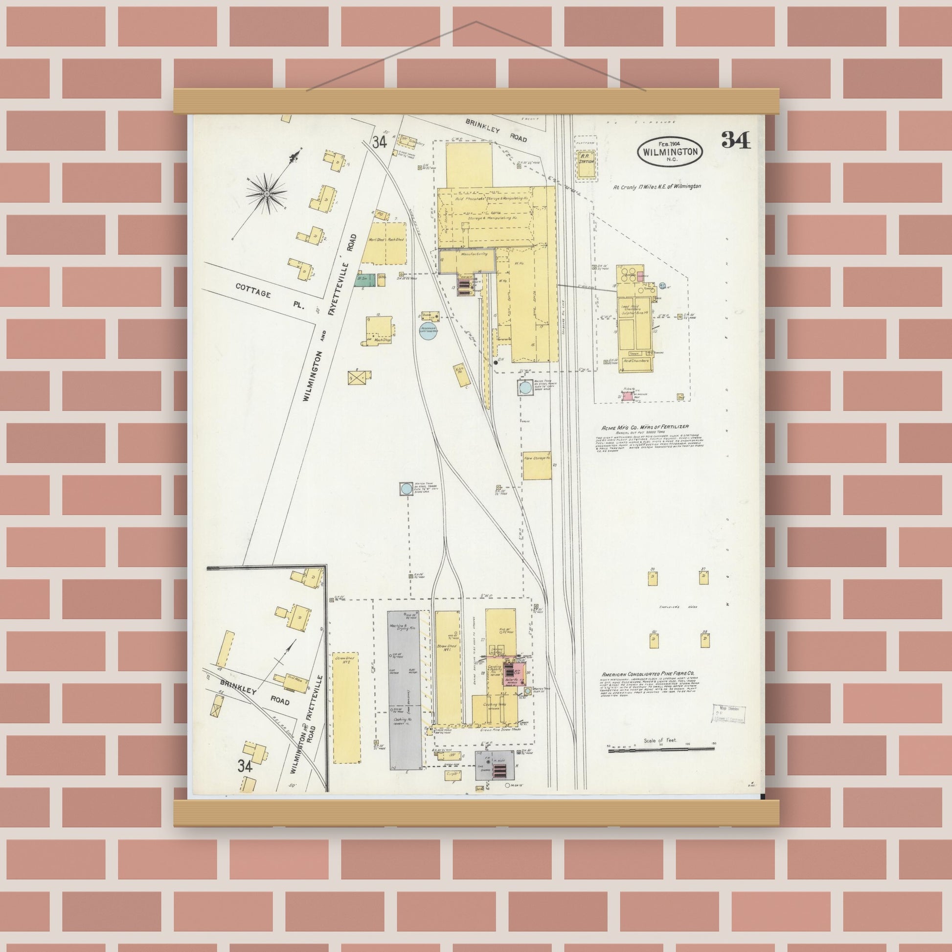 Old map wall art mockup — magnetic wood frame on brick wall — Sanborn Fire Insurance Map from Wilmington, New Hanover County, North Carolina (1904), Sheet #0034