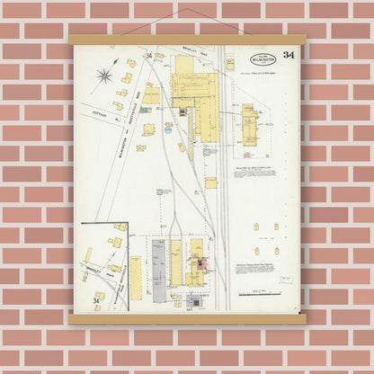 Old map wall art mockup — magnetic wood frame on brick wall — Sanborn Fire Insurance Map from Wilmington, New Hanover County, North Carolina (1904), Sheet #0034