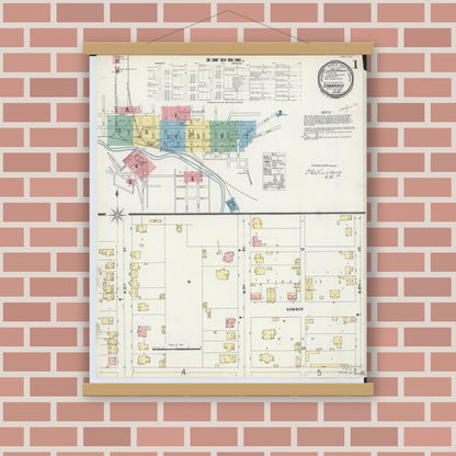 Old map wall art mockup — magnetic wood frame on brick wall — Sanborn Fire Insurance Map from Cambridge, Guernsey County, Ohio (1897), Sheet #0001