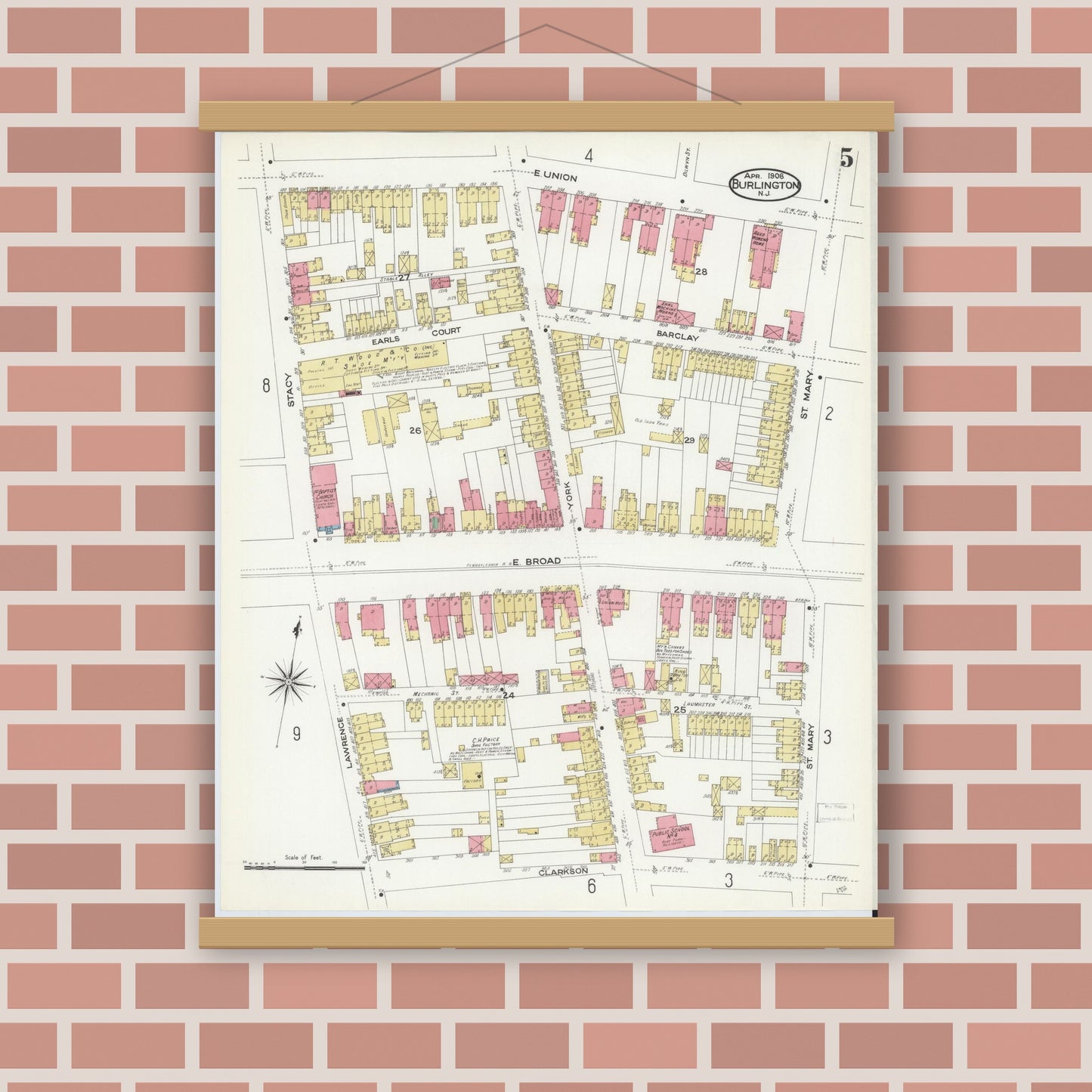 Old map wall art mockup — magnetic wood frame on brick wall — Sanborn Fire Insurance Map from Burlington, Burlington County, New Jersey (1908), Sheet #0004