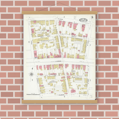 Old map wall art mockup — magnetic wood frame on brick wall — Sanborn Fire Insurance Map from Burlington, Burlington County, New Jersey (1908), Sheet #0004