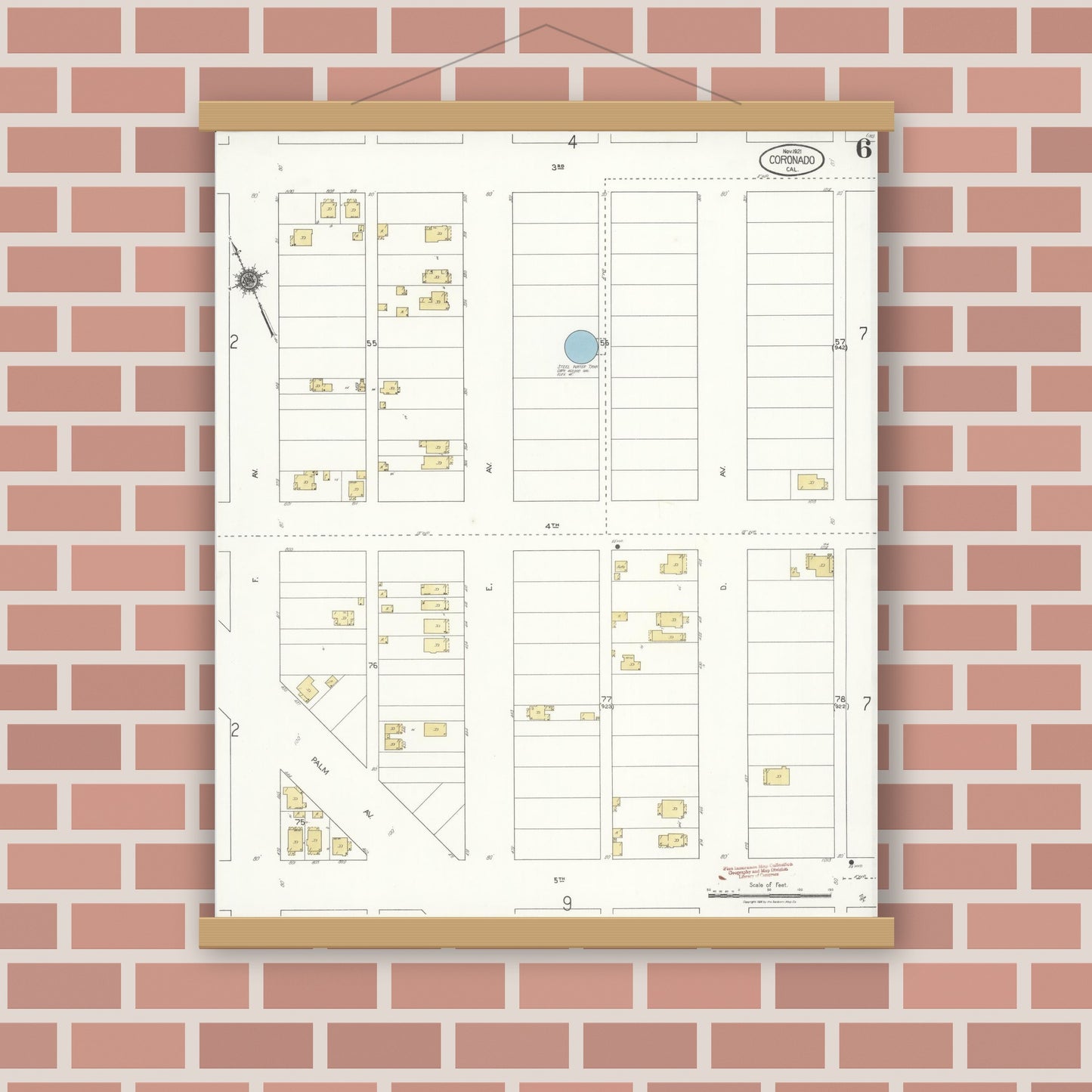 Old map wall art mockup — magnetic wood frame on brick wall — Sanborn Fire Insurance Map from Coronado, San Diego County, California (1921), Sheet #0006