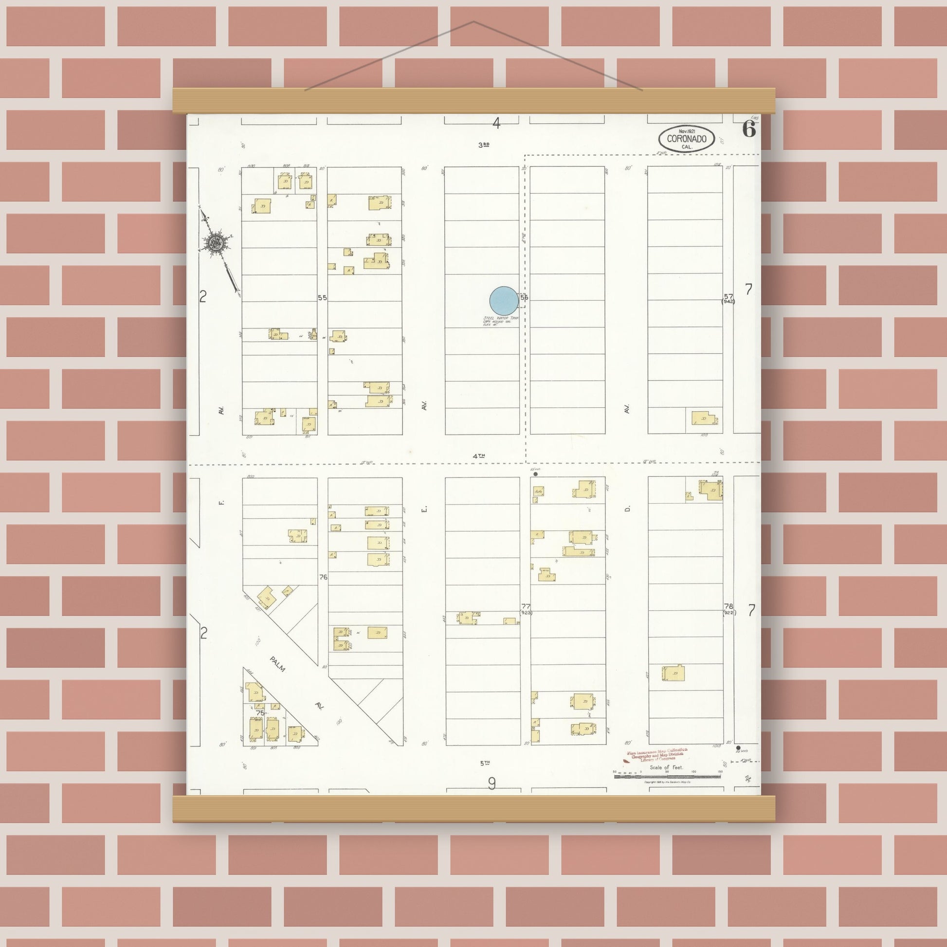 Old map wall art mockup — magnetic wood frame on brick wall — Sanborn Fire Insurance Map from Coronado, San Diego County, California (1921), Sheet #0006