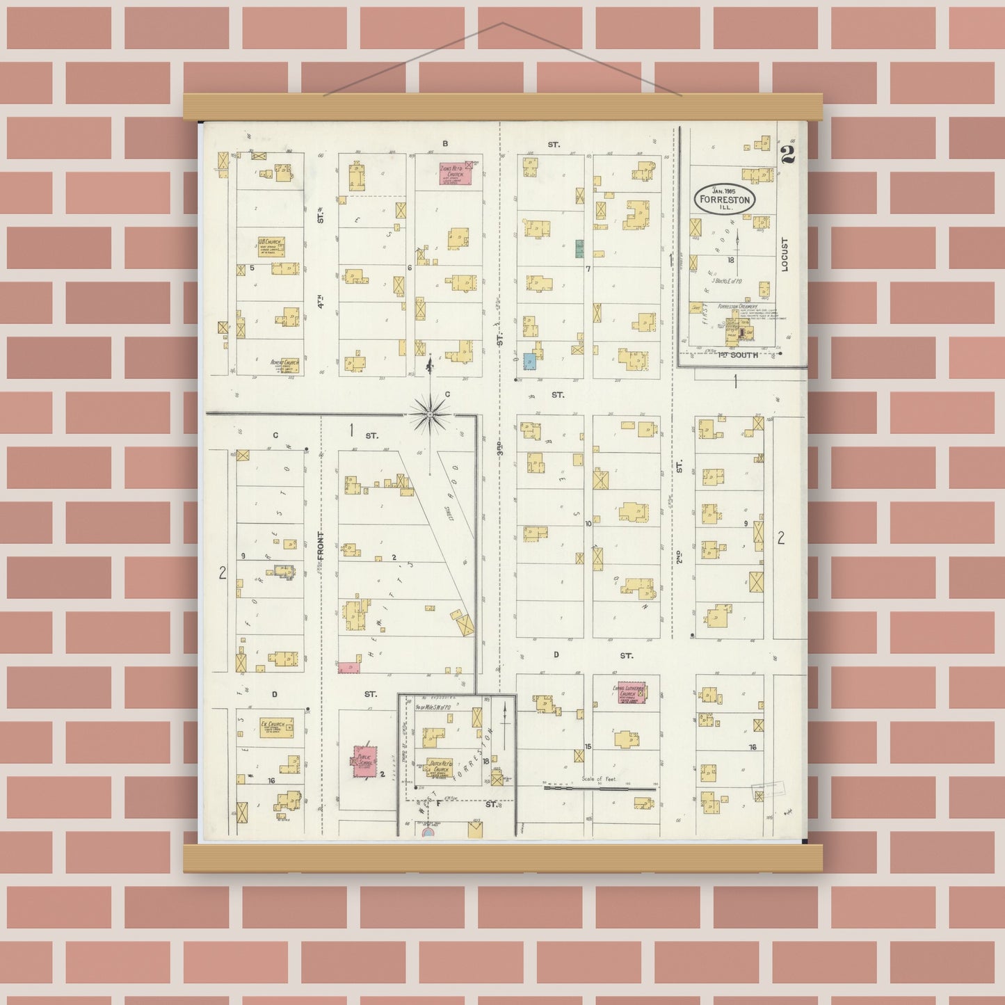 Old map wall art mockup — magnetic wood frame on brick wall — Sanborn Fire Insurance Map from Forreston, Ogle County, Illinois (1905), Sheet #0002