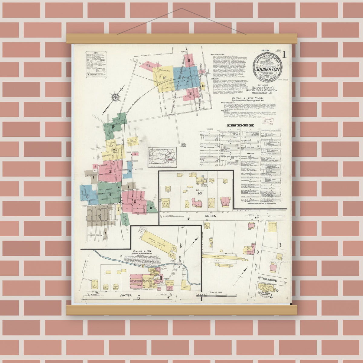 Old map wall art mockup — magnetic wood frame on brick wall — Sanborn Fire Insurance Map from Souderton, Montgomery County, Pennsylvania (1914) - Complete Map Set
