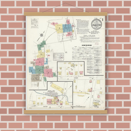 Old map wall art mockup — magnetic wood frame on brick wall — Sanborn Fire Insurance Map from Souderton, Montgomery County, Pennsylvania (1914) - Complete Map Set