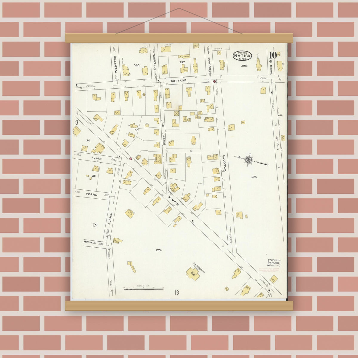 Old map wall art mockup — magnetic wood frame on brick wall — Sanborn Fire Insurance Map from Natick, Middlesex County, Massachusetts (1915), Sheet #0010