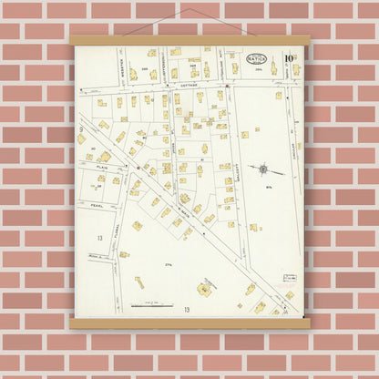 Old map wall art mockup — magnetic wood frame on brick wall — Sanborn Fire Insurance Map from Natick, Middlesex County, Massachusetts (1915), Sheet #0010
