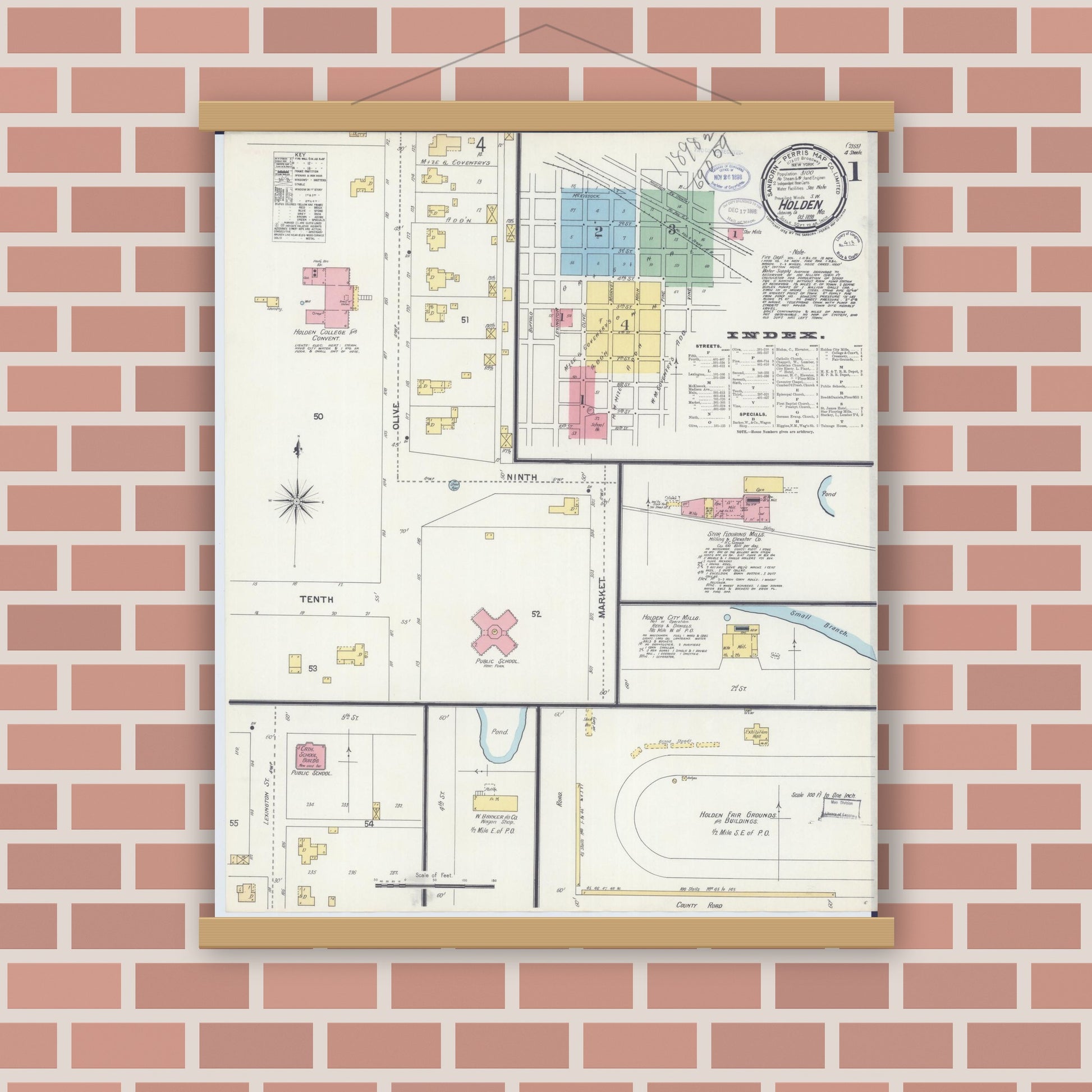 Old map wall art mockup — magnetic wood frame on brick wall — Sanborn Fire Insurance Map from Holden, Johnson County, Missouri (1898), Sheet #0001