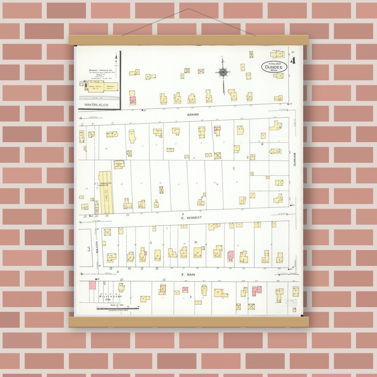 Old map wall art mockup — magnetic wood frame on brick wall — Sanborn Fire Insurance Map from Dundee, Monroe County, Michigan (1923), Sheet #0004