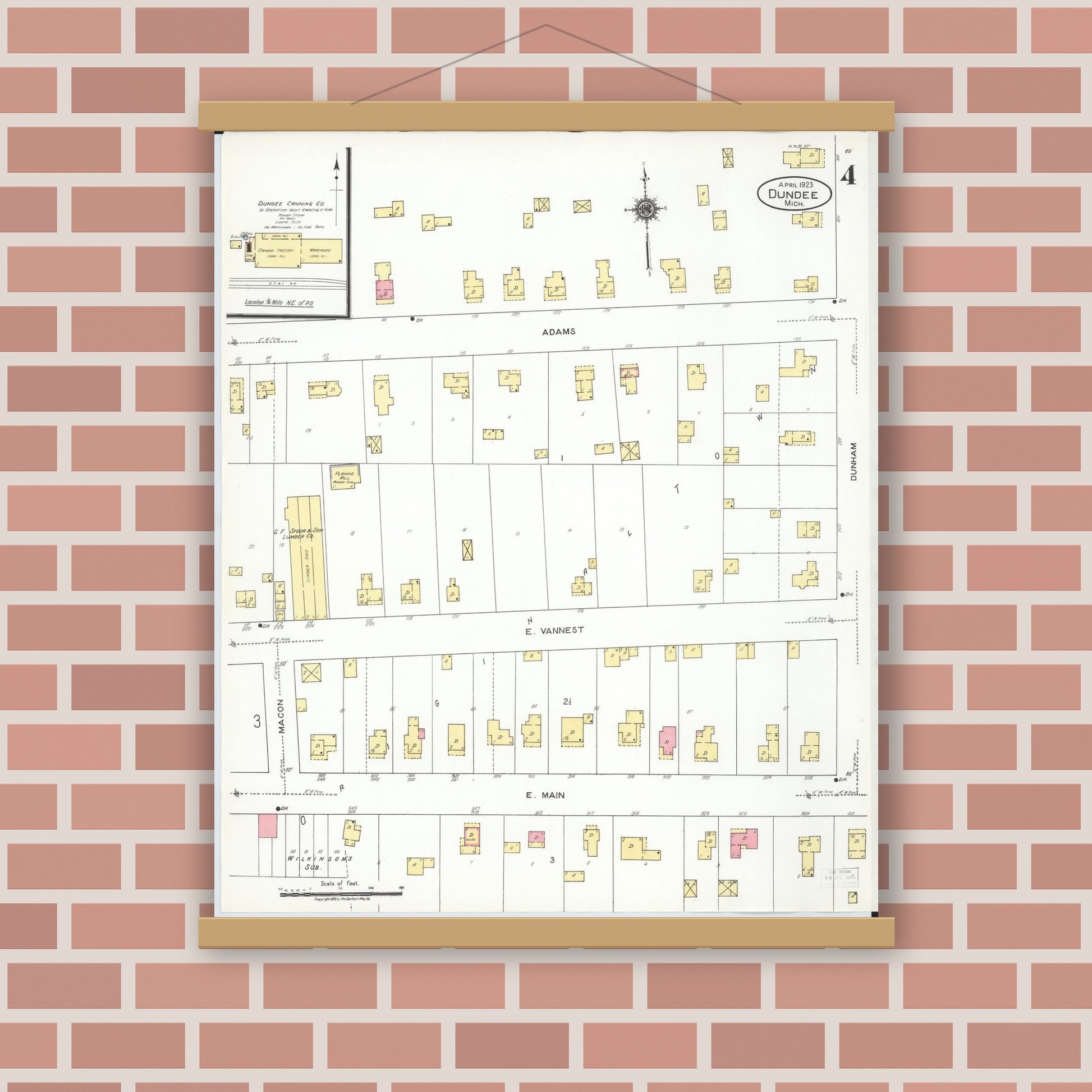 Old map wall art mockup — magnetic wood frame on brick wall — Sanborn Fire Insurance Map from Dundee, Monroe County, Michigan (1923), Sheet #0004