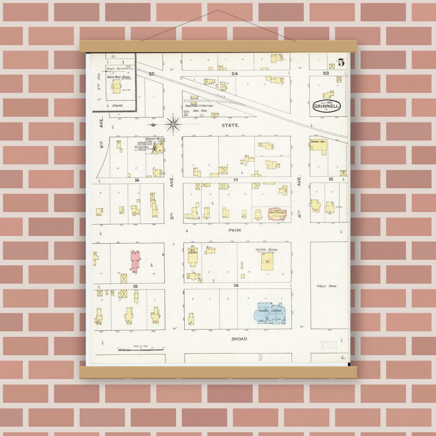 Old map wall art mockup — magnetic wood frame on brick wall — Sanborn Fire Insurance Map from Grinnell, Poweshiek County, Iowa (1893), Sheet #0005