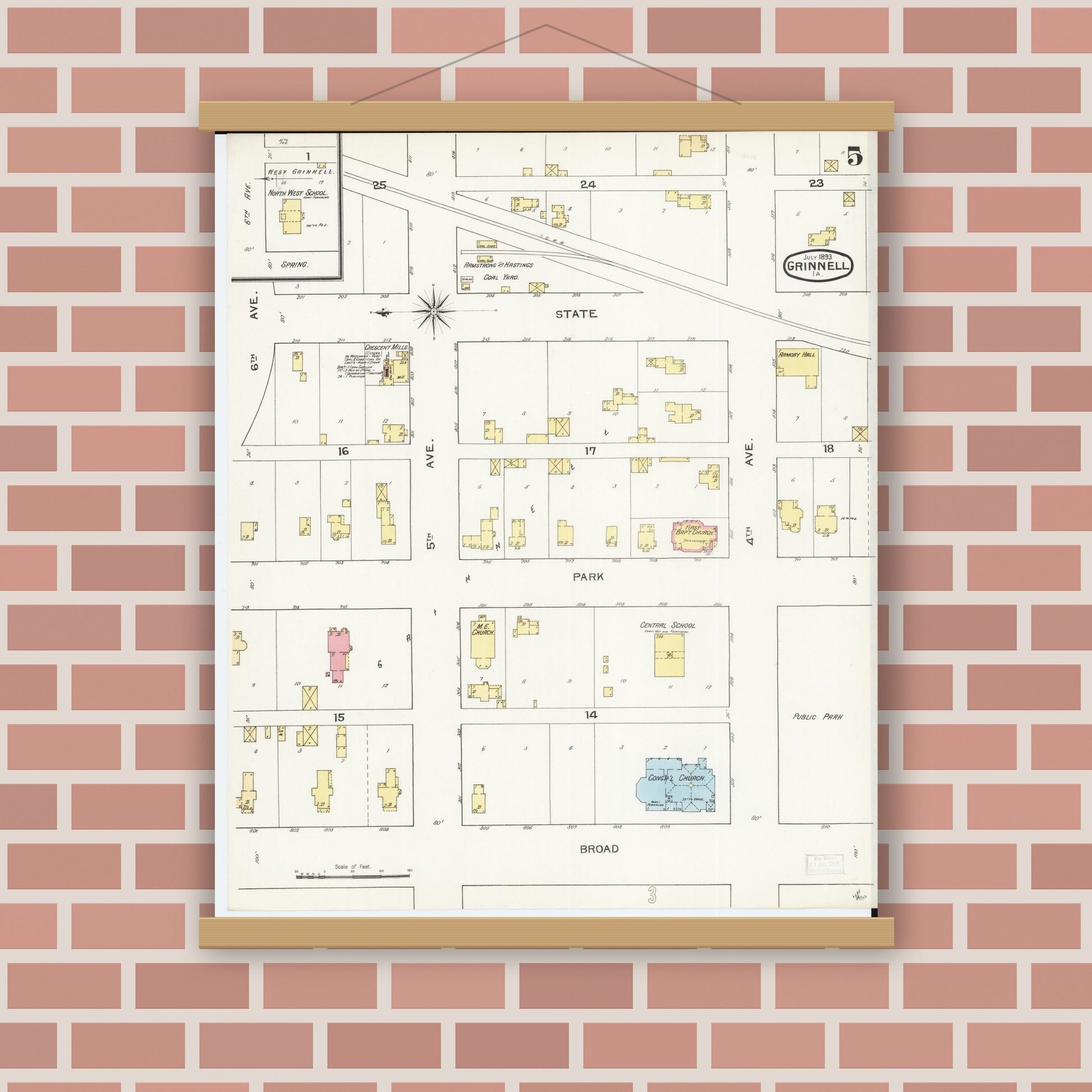 Old map wall art mockup — magnetic wood frame on brick wall — Sanborn Fire Insurance Map from Grinnell, Poweshiek County, Iowa (1893), Sheet #0005
