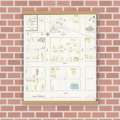 Old map wall art mockup — magnetic wood frame on brick wall — Sanborn Fire Insurance Map from Grinnell, Poweshiek County, Iowa (1893), Sheet #0005
