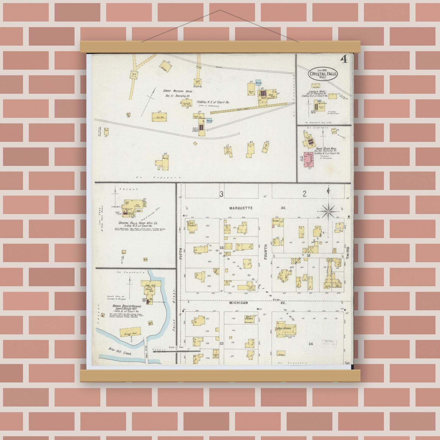 Old map wall art mockup — magnetic wood frame on brick wall — Sanborn Fire Insurance Map from Crystal Falls, Iron County, Michigan (1898), Sheet #0004