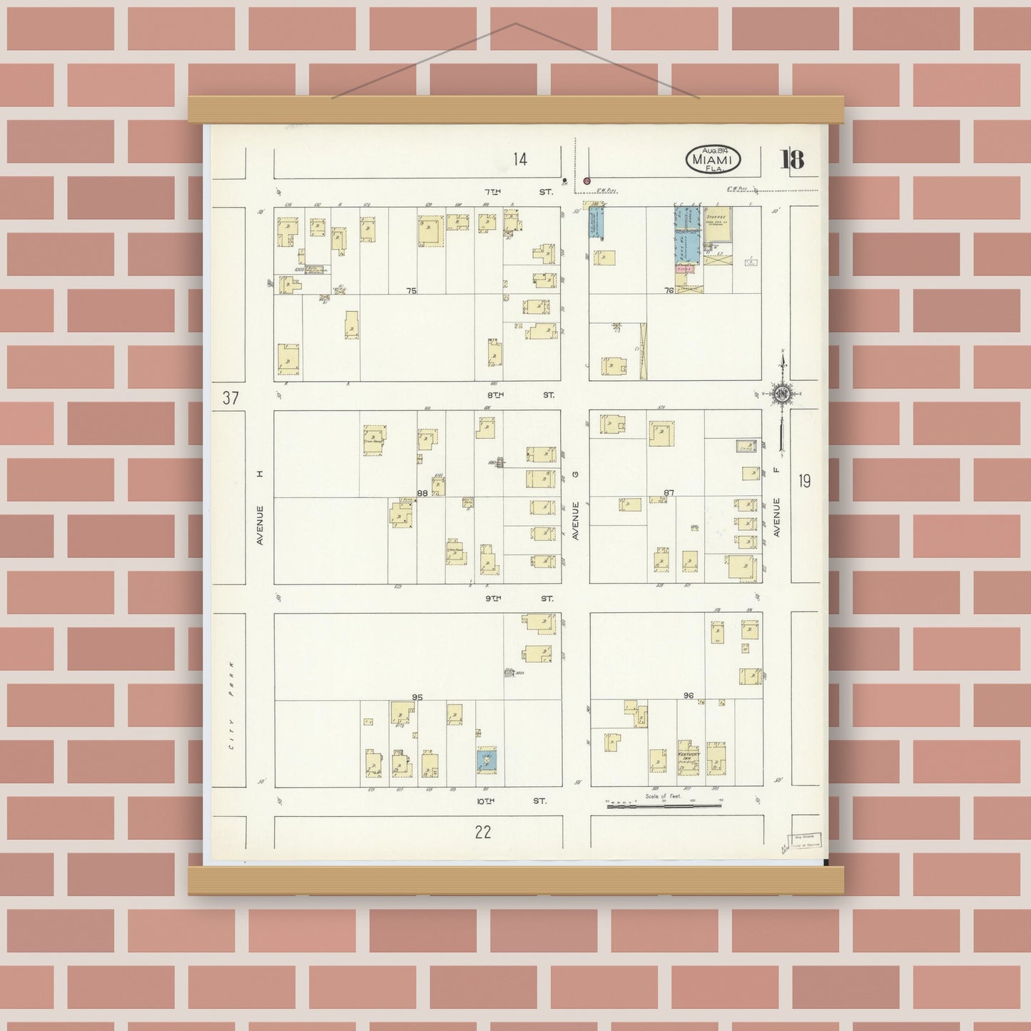 Old map wall art mockup — magnetic wood frame on brick wall — Sanborn Fire Insurance Map from Miami, Dade County, Florida (1914), Sheet #0018