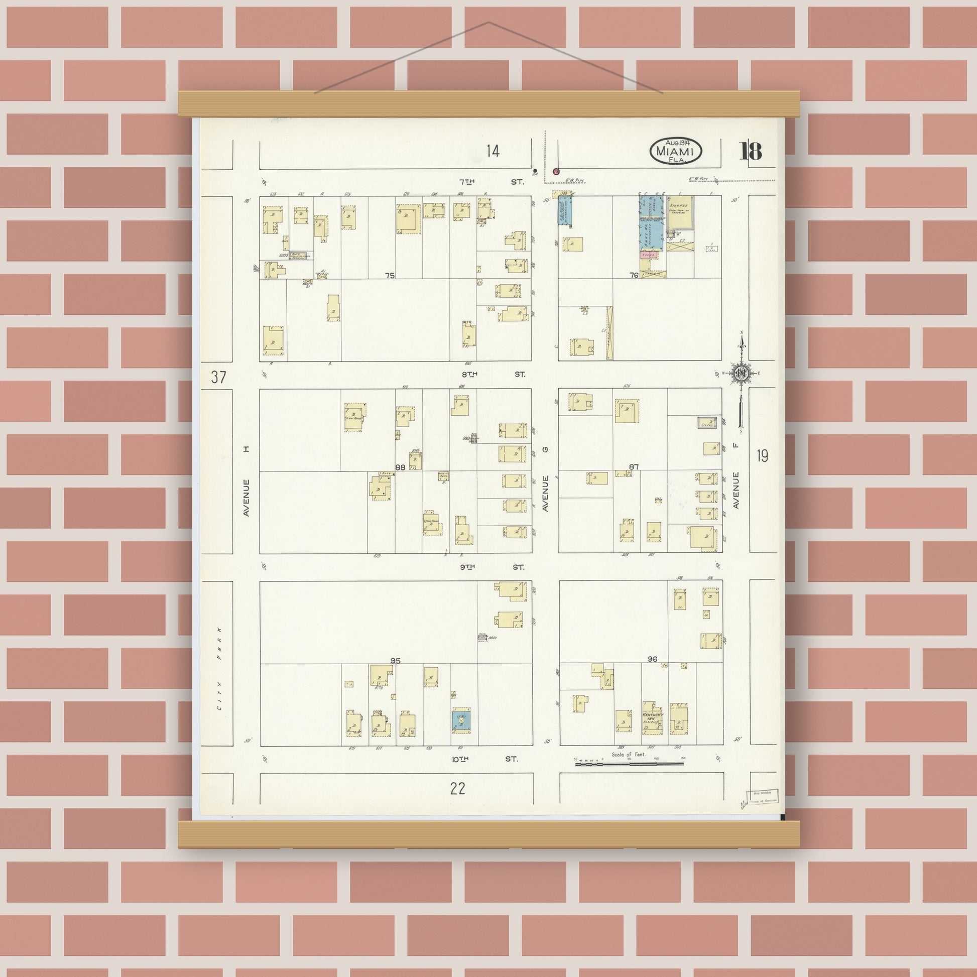 Old map wall art mockup — magnetic wood frame on brick wall — Sanborn Fire Insurance Map from Miami, Dade County, Florida (1914), Sheet #0018