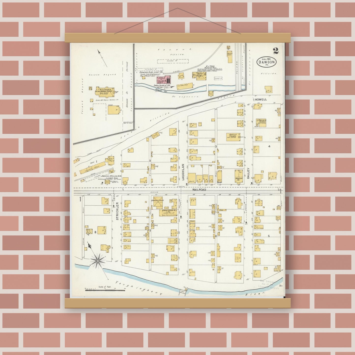 Old map wall art mockup — magnetic wood frame on brick wall — Sanborn Fire Insurance Map from Dawson, Fayette County, Pennsylvania (1904), Sheet #0002