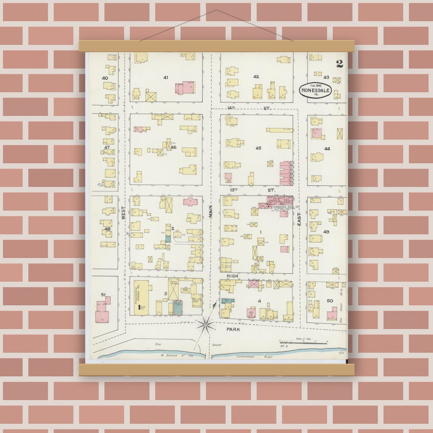 Old map wall art mockup — magnetic wood frame on brick wall — Sanborn Fire Insurance Map from Honesdale, Wayne County, Pennsylvania (1892), Sheet #0002