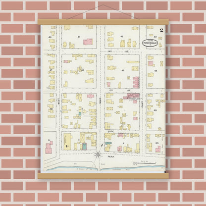 Old map wall art mockup — magnetic wood frame on brick wall — Sanborn Fire Insurance Map from Honesdale, Wayne County, Pennsylvania (1892), Sheet #0002