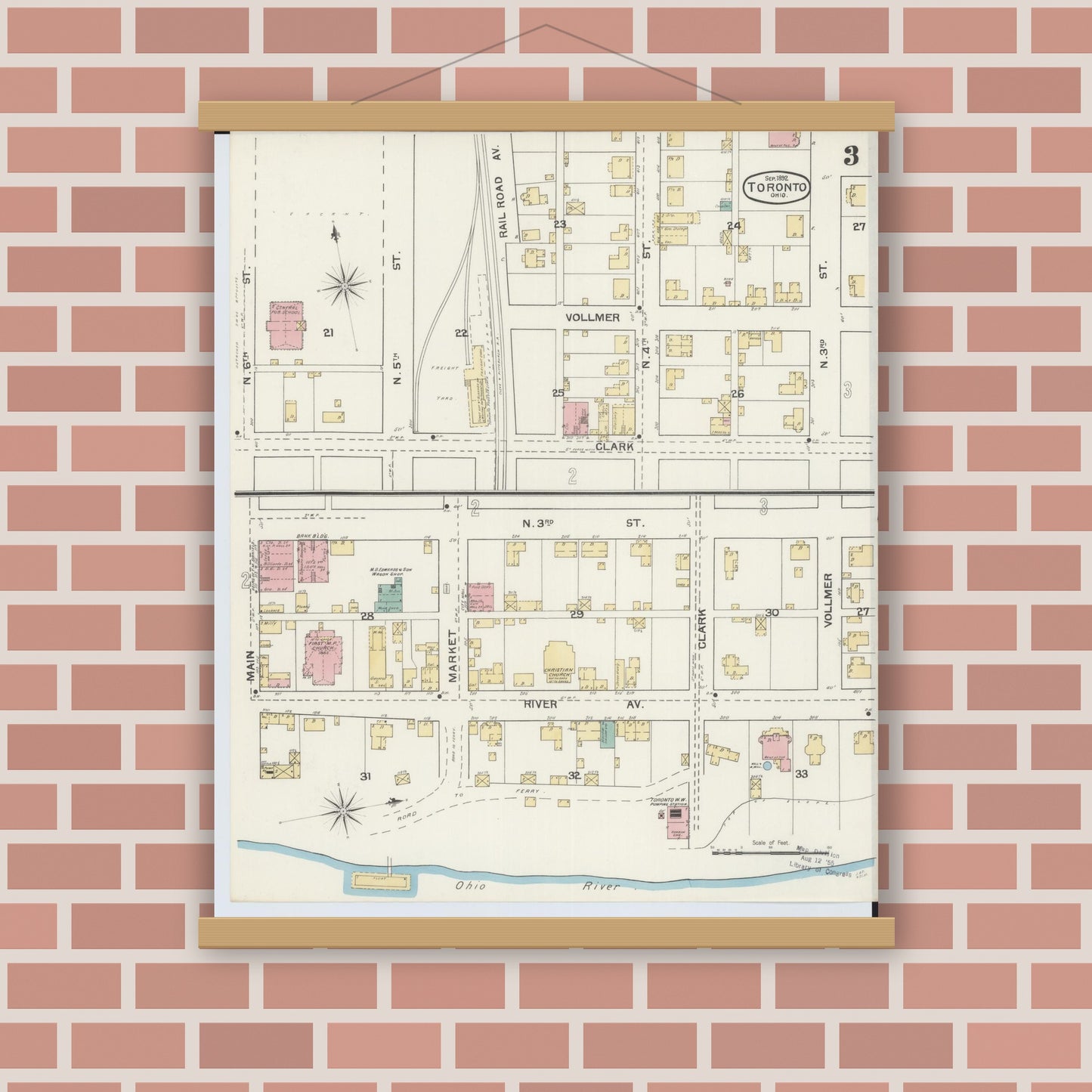 Old map wall art mockup — magnetic wood frame on brick wall — Sanborn Fire Insurance Map from Toronto, Jefferson County, Ohio (1892), Sheet #0003