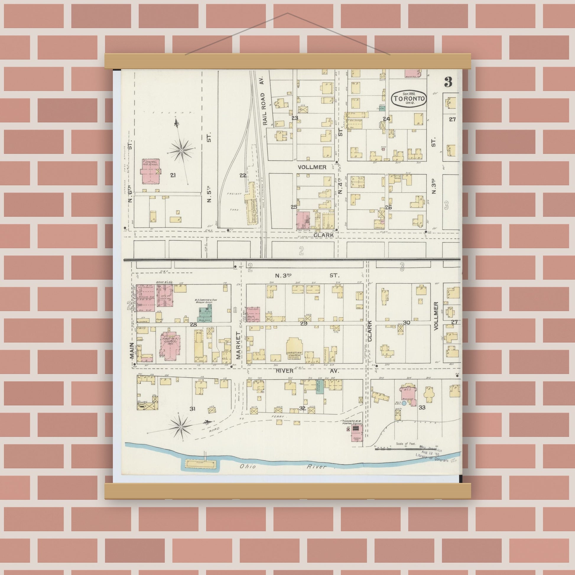 Old map wall art mockup — magnetic wood frame on brick wall — Sanborn Fire Insurance Map from Toronto, Jefferson County, Ohio (1892), Sheet #0003