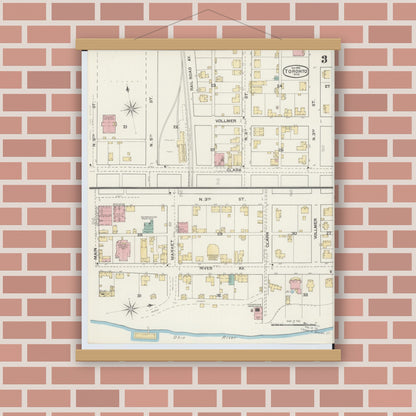 Old map wall art mockup — magnetic wood frame on brick wall — Sanborn Fire Insurance Map from Toronto, Jefferson County, Ohio (1892), Sheet #0003