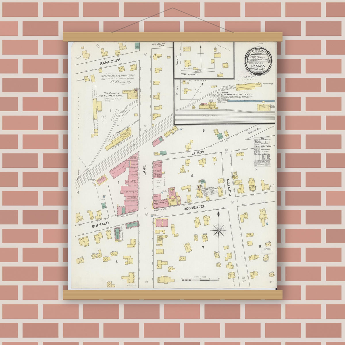 Old map wall art mockup — magnetic wood frame on brick wall — Sanborn Fire Insurance Map from Bergen, Genesee County, New York (1892), Sheet #0001