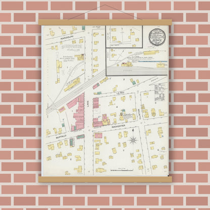 Old map wall art mockup — magnetic wood frame on brick wall — Sanborn Fire Insurance Map from Bergen, Genesee County, New York (1892), Sheet #0001