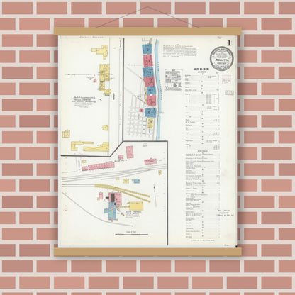 Old map wall art mockup — magnetic wood frame on brick wall — Sanborn Fire Insurance Map from Marietta, Lancaster County, Pennsylvania (1904), Sheet #0001
