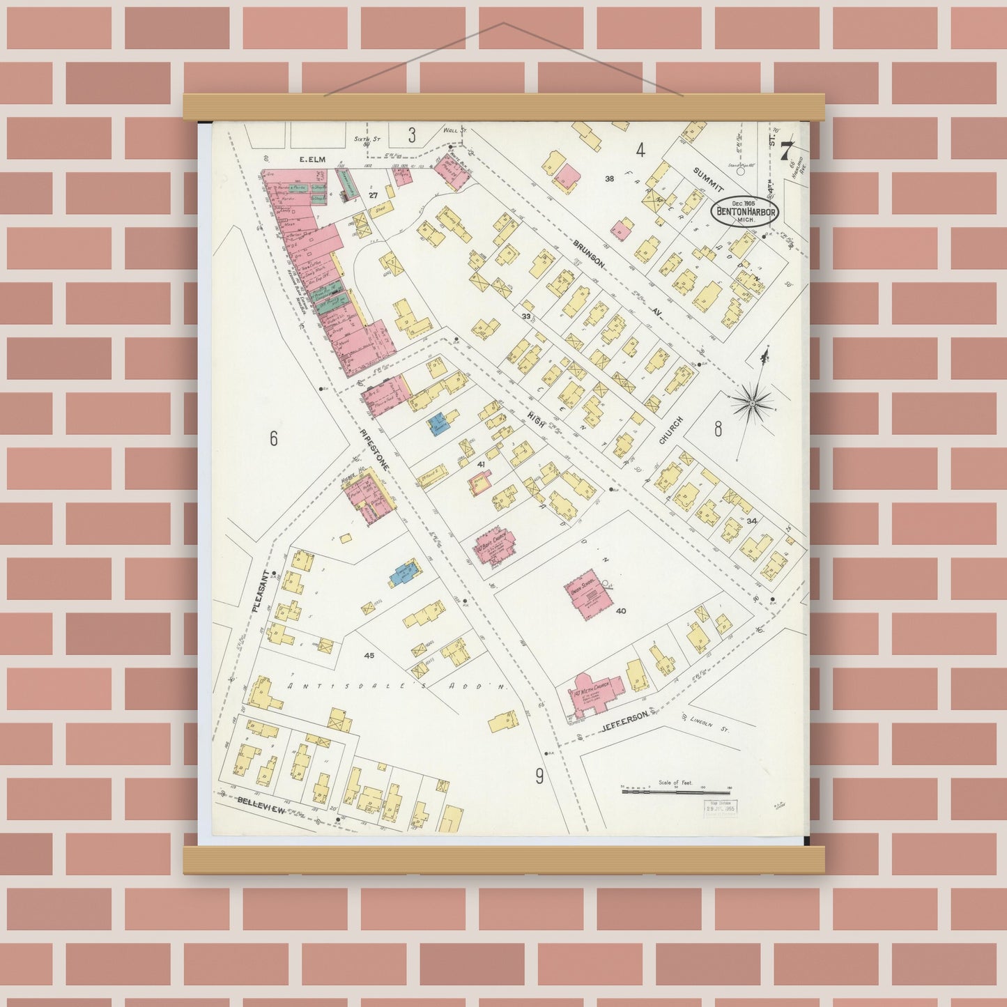 Old map wall art mockup — magnetic wood frame on brick wall — Sanborn Fire Insurance Map from Benton Harbor, Berrien County, Michigan (1905), Sheet #0007