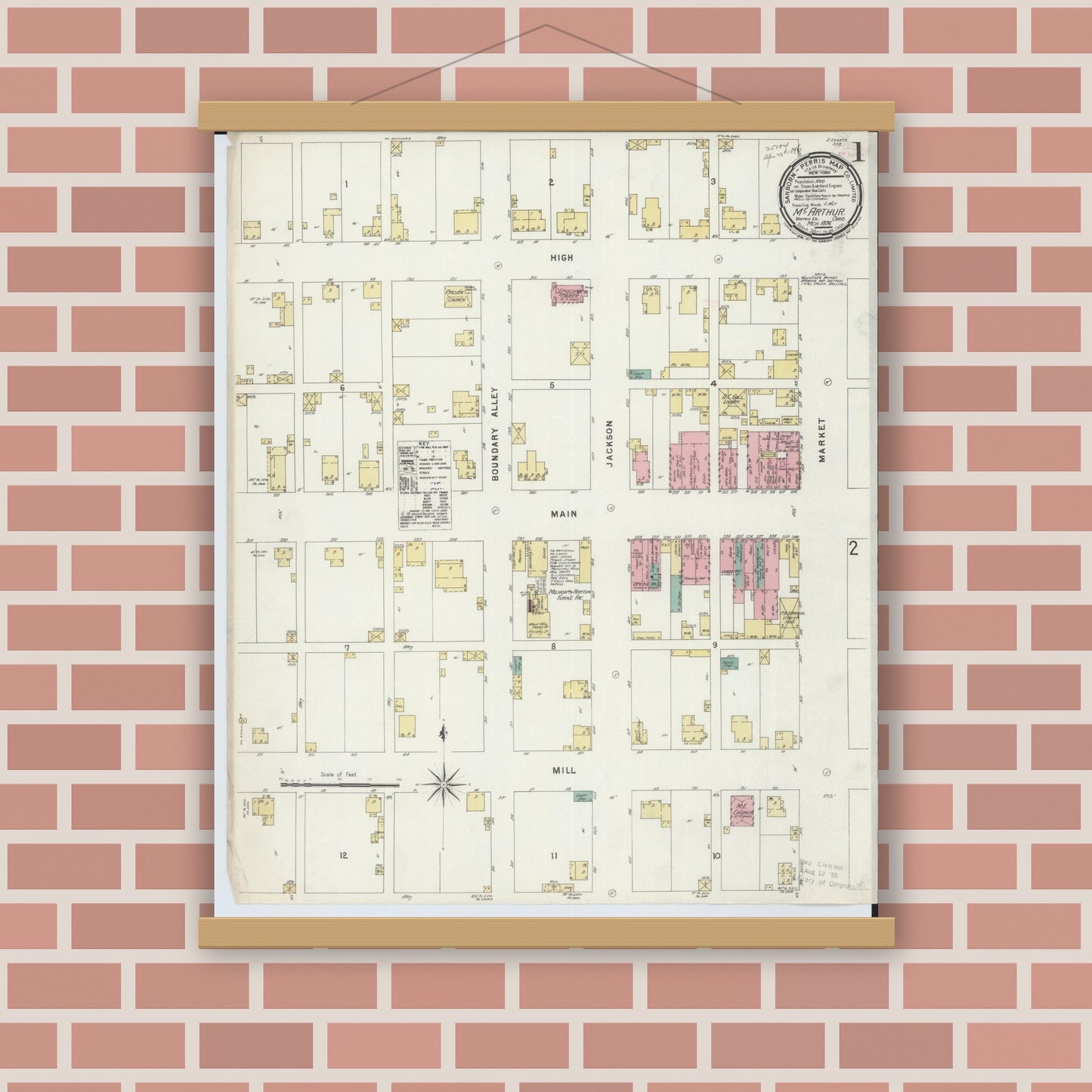 Old map wall art mockup — magnetic wood frame on brick wall — Sanborn Fire Insurance Map from McArthur, Vinton County, Ohio (1896), Sheet #0001