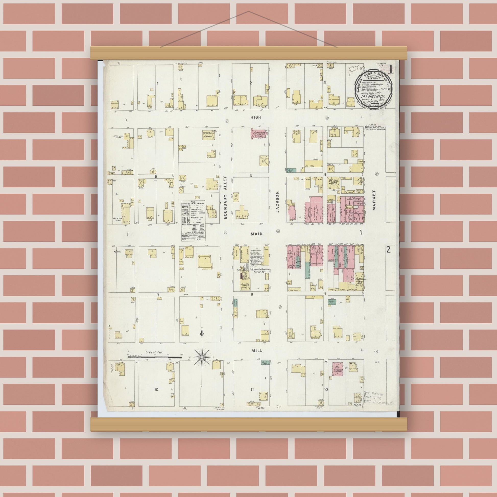 Old map wall art mockup — magnetic wood frame on brick wall — Sanborn Fire Insurance Map from McArthur, Vinton County, Ohio (1896), Sheet #0001