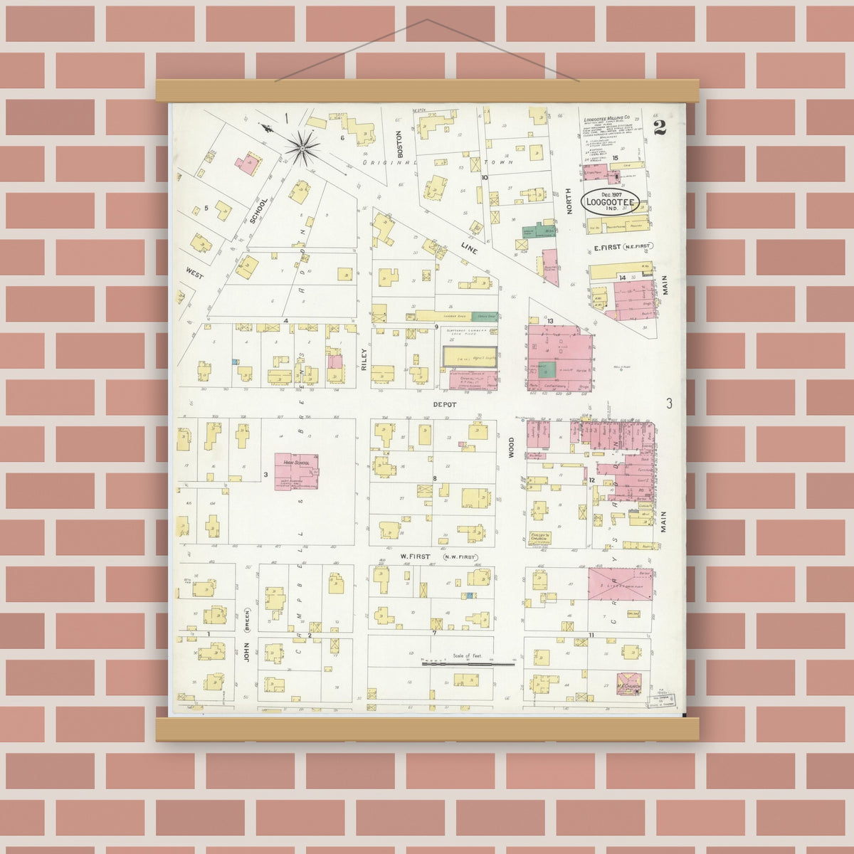 Old map wall art mockup — magnetic wood frame on brick wall — Sanborn Fire Insurance Map from Loogootee, Martin County, Indiana (1907), Sheet #0002