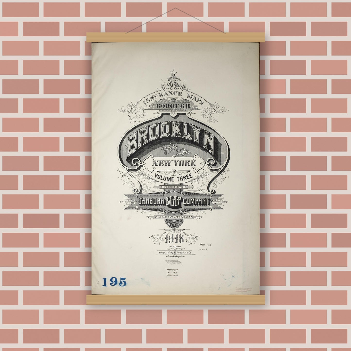 Old map wall art mockup — magnetic wood frame on brick wall — Sanborn Fire Insurance Map from Brooklyn, Kings County, New York (1935), Sheet #0001