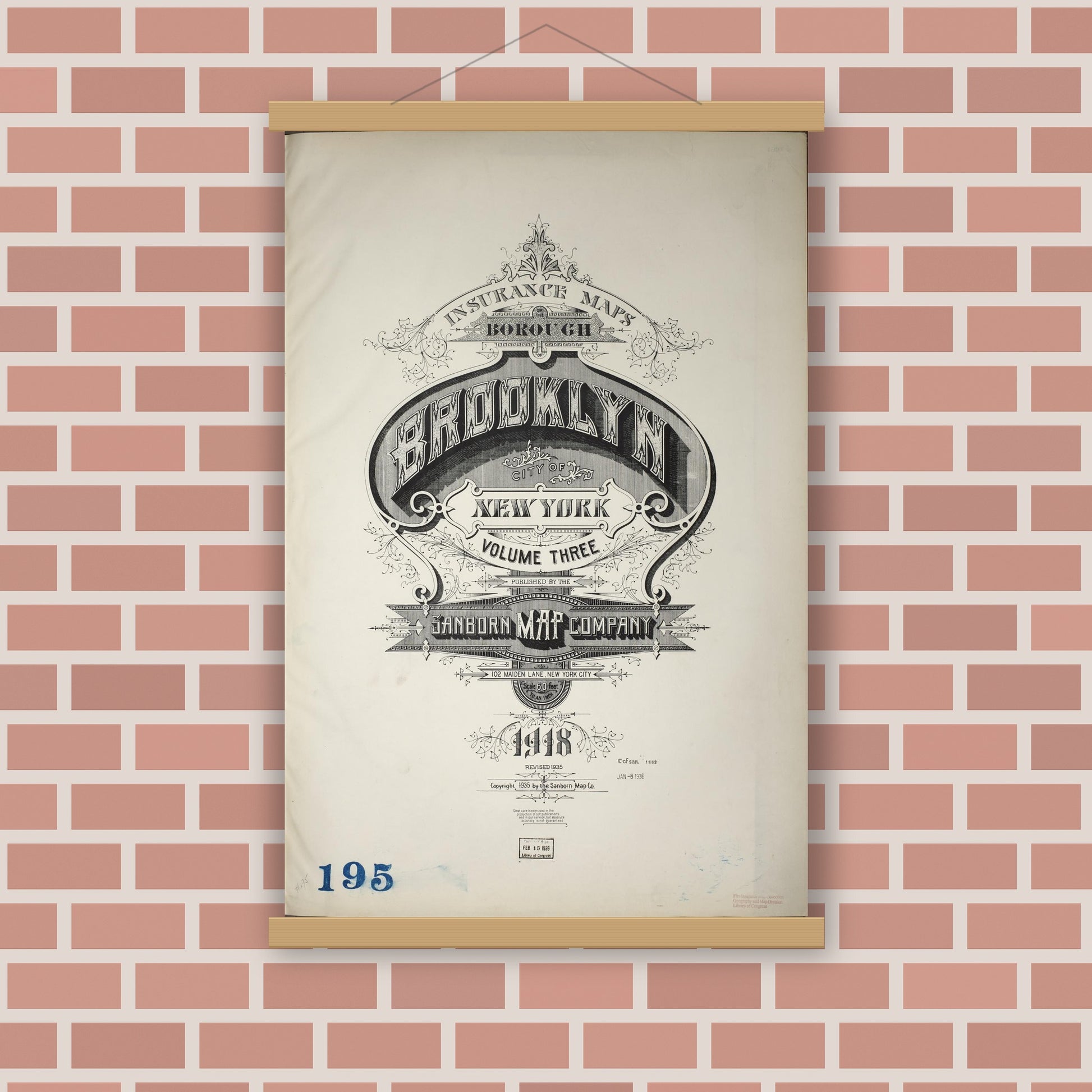 Old map wall art mockup — magnetic wood frame on brick wall — Sanborn Fire Insurance Map from Brooklyn, Kings County, New York (1935), Sheet #0001