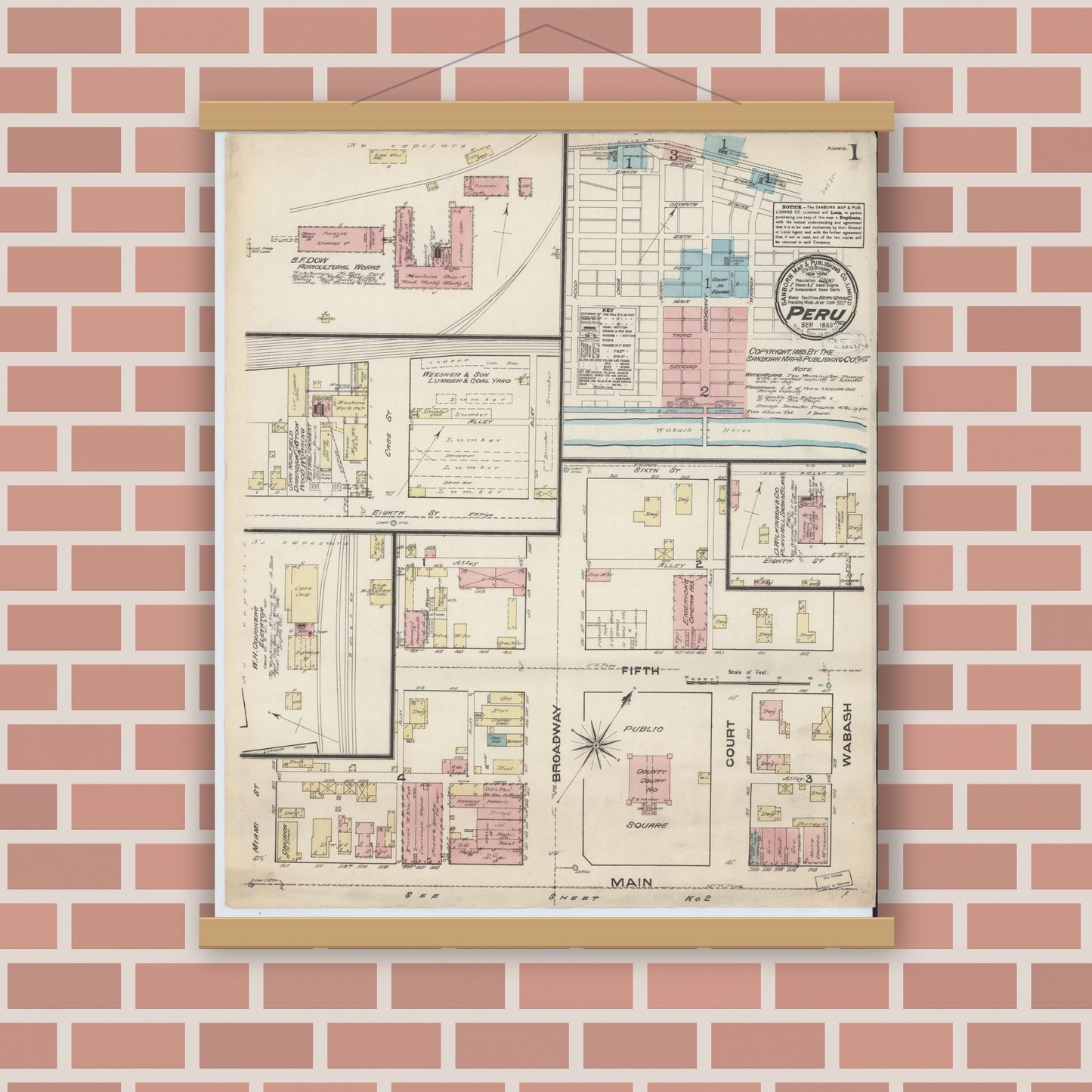Old map wall art mockup — magnetic wood frame on brick wall — Sanborn Fire Insurance Map from Peru, Miami County, Indiana (1883) - Complete Map Set