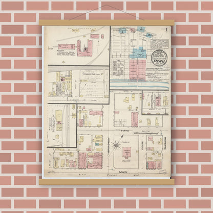 Old map wall art mockup — magnetic wood frame on brick wall — Sanborn Fire Insurance Map from Peru, Miami County, Indiana (1883) - Complete Map Set