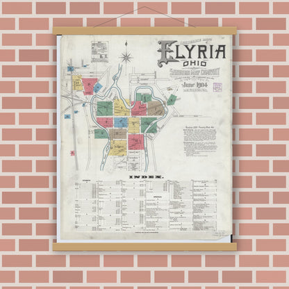 Old map wall art mockup — magnetic wood frame on brick wall — Sanborn Fire Insurance Map from Elyria, Lorain County, Ohio (1904), Sheet #0001