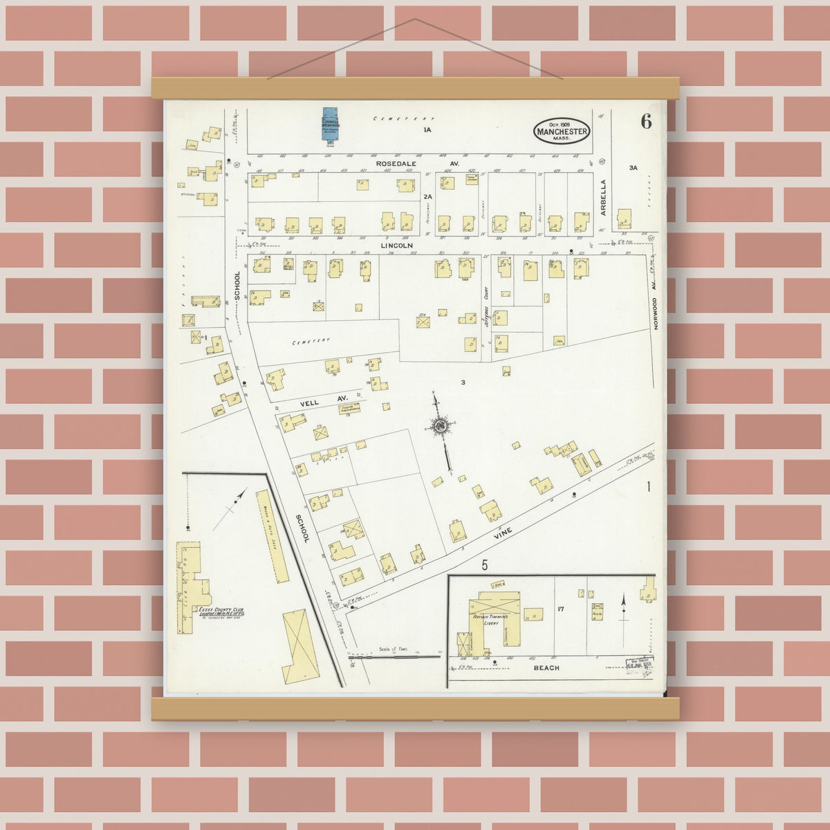 Old map wall art mockup — magnetic wood frame on brick wall — Sanborn Fire Insurance Map from Manchester, Essex County, Massachusetts (1909), Sheet #0006