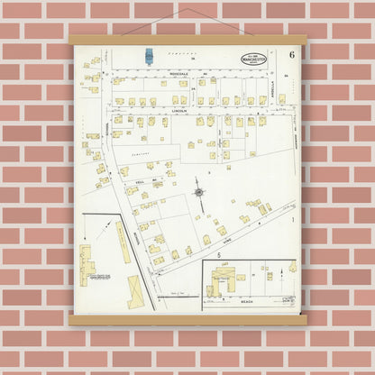 Old map wall art mockup — magnetic wood frame on brick wall — Sanborn Fire Insurance Map from Manchester, Essex County, Massachusetts (1909), Sheet #0006