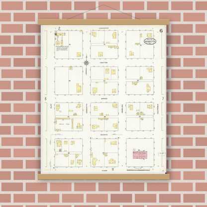 Old map wall art mockup — magnetic wood frame on brick wall — Sanborn Fire Insurance Map from Henrietta, Clay County, Texas (1912), Sheet #0006