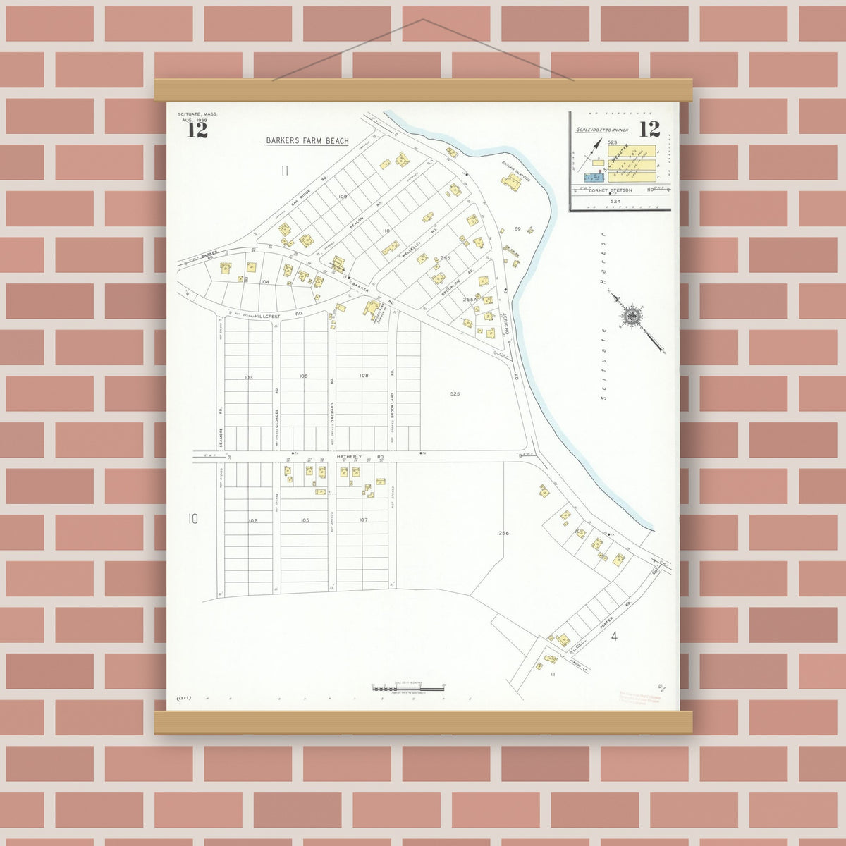 Old map wall art mockup — magnetic wood frame on brick wall — Sanborn Fire Insurance Map from Scituate, Plymouth County, Massachusetts (1939), Sheet #0012