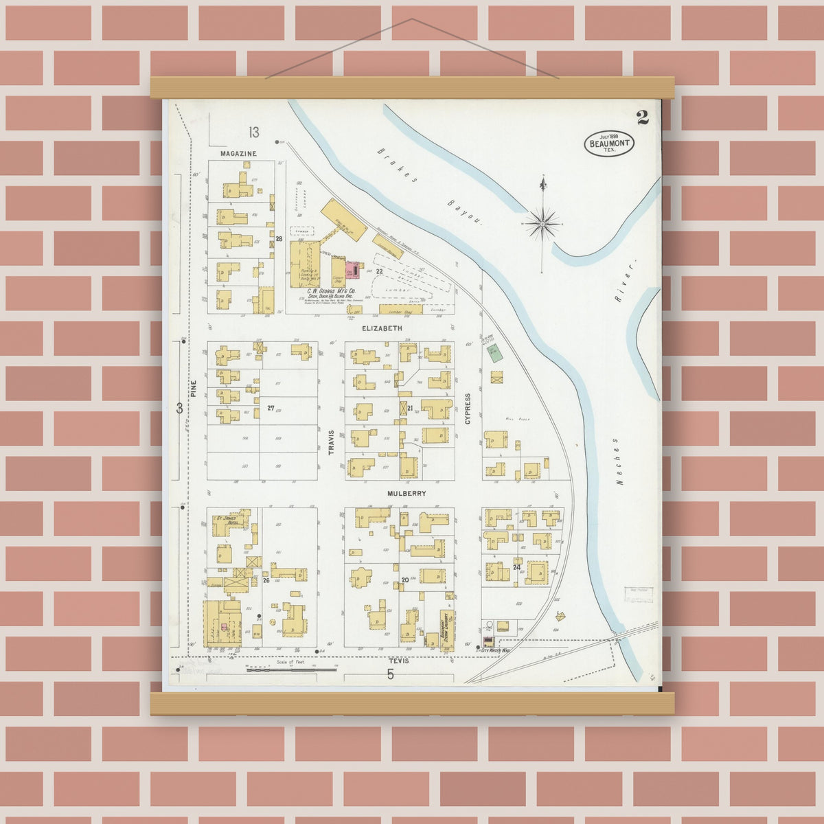 Old map wall art mockup — magnetic wood frame on brick wall — Sanborn Fire Insurance Map from Beaumont, Jefferson County, Texas (1899), Sheet #0002