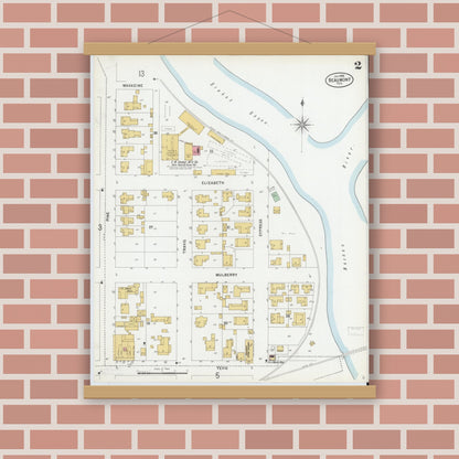 Old map wall art mockup — magnetic wood frame on brick wall — Sanborn Fire Insurance Map from Beaumont, Jefferson County, Texas (1899), Sheet #0002