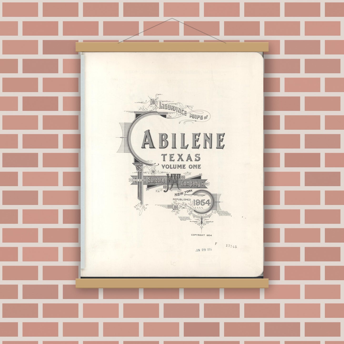 Old map wall art mockup — magnetic wood frame on brick wall — Sanborn Fire Insurance Map from Abilene, Taylor County, Texas (1954), Sheet #0001