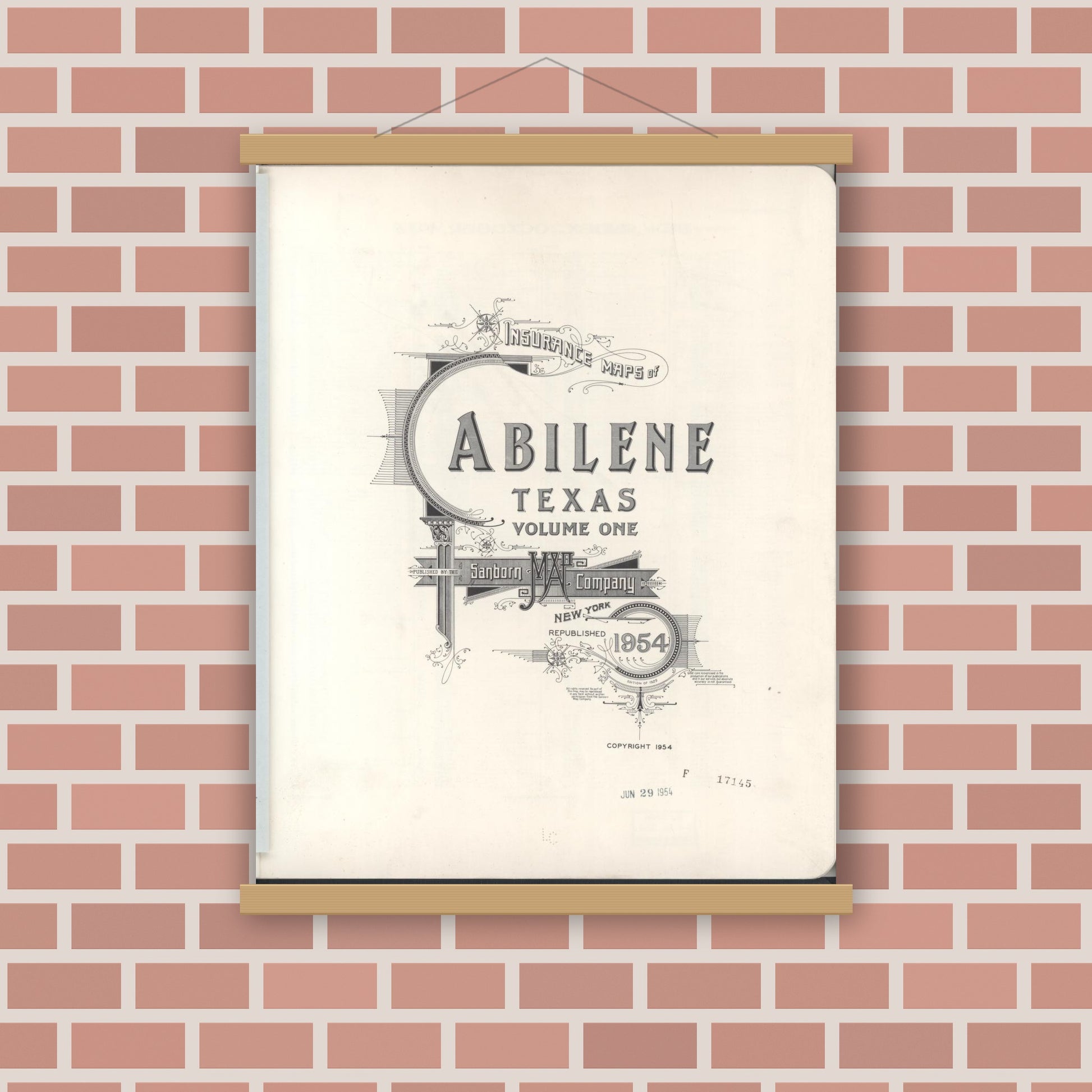 Old map wall art mockup — magnetic wood frame on brick wall — Sanborn Fire Insurance Map from Abilene, Taylor County, Texas (1954), Sheet #0001