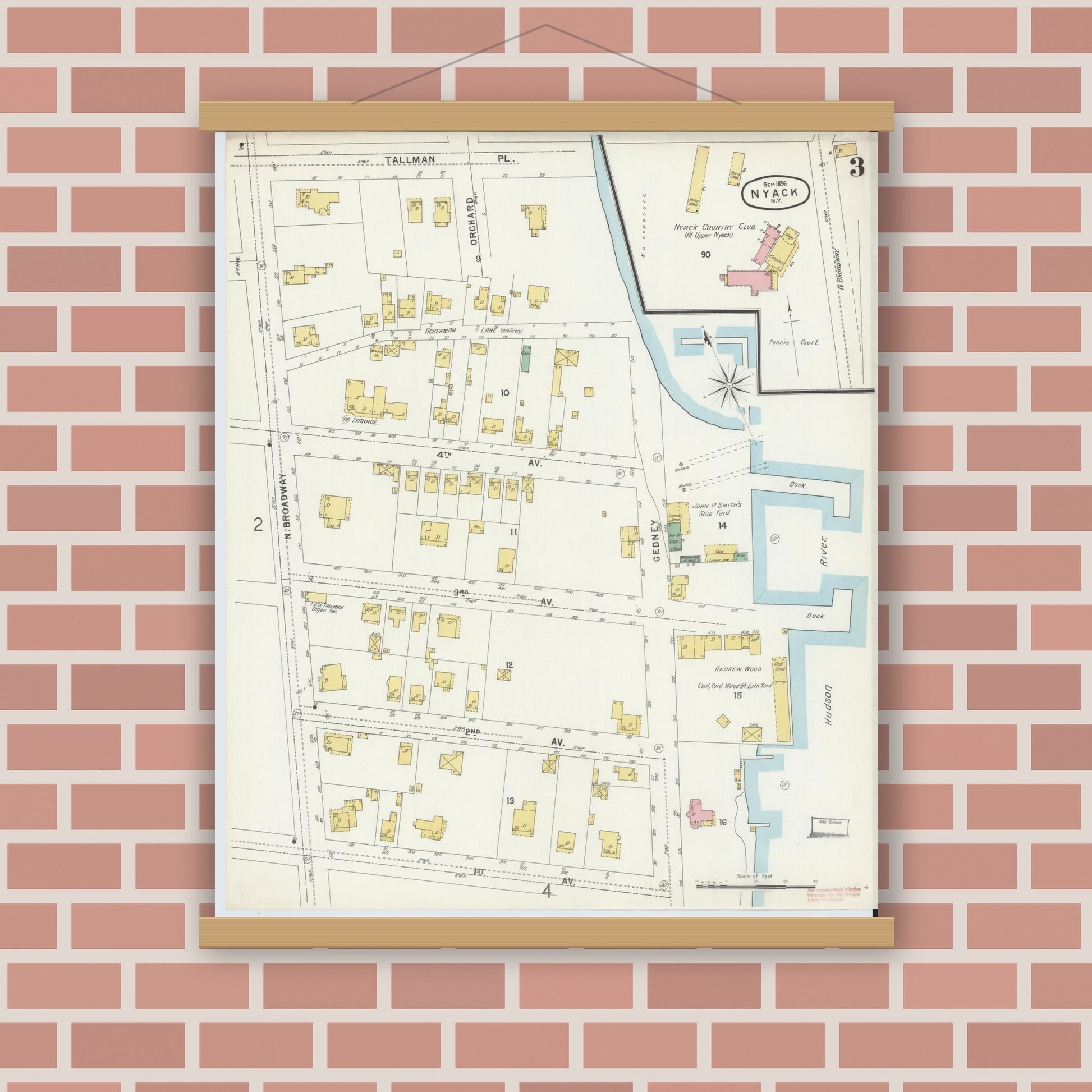Old map wall art mockup — magnetic wood frame on brick wall — Sanborn Fire Insurance Map from Nyack, Rockland County, New York. (1896), Sheet #0003